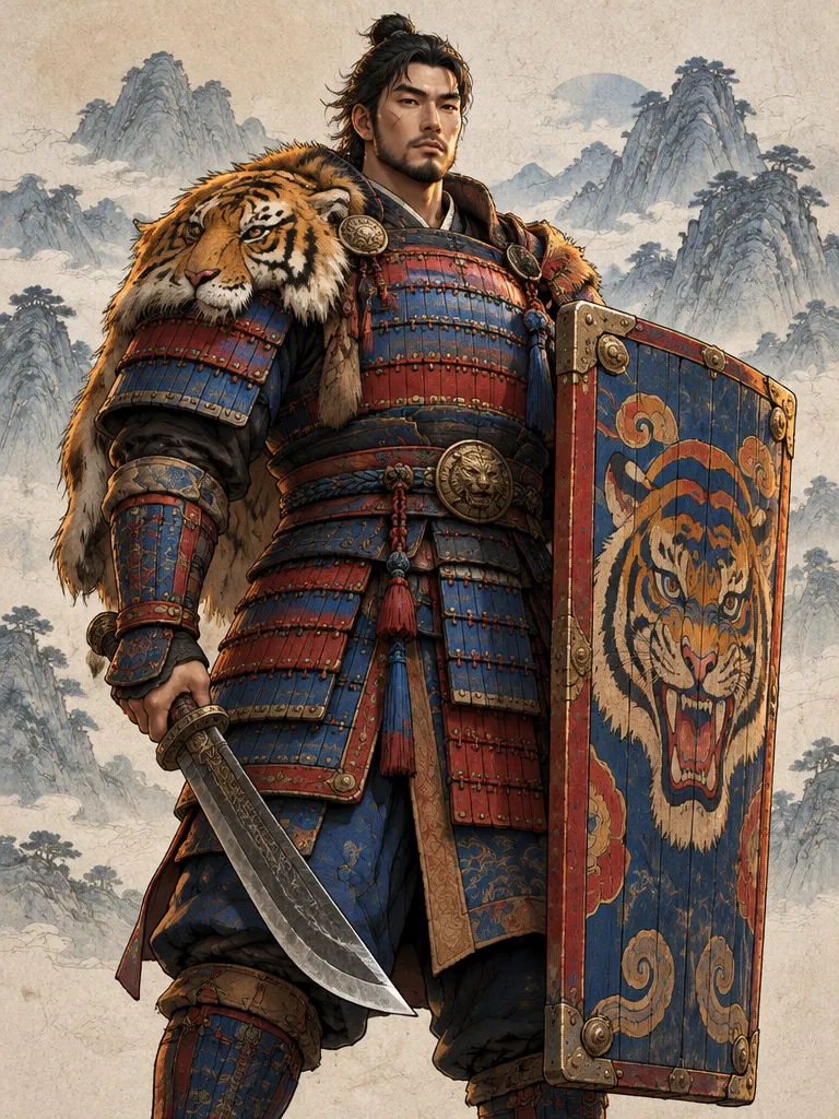 Tigerguard: prajurit berbahu lebar berzirah lamela biru dan merah, jubah kulit harimau di bahu, perisai menara bergambar wajah harimau, golok pendek di tangan.