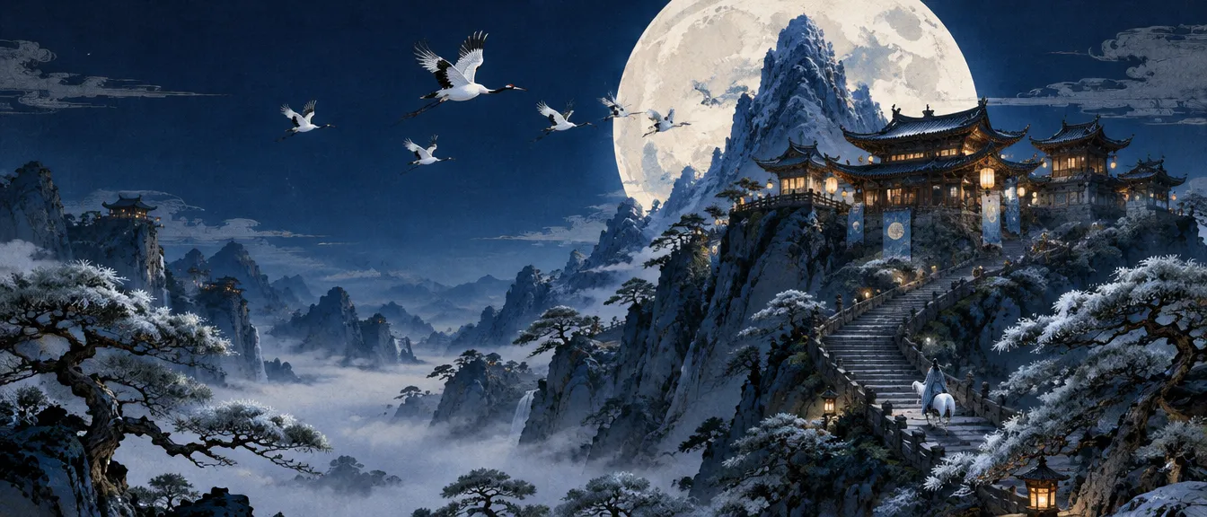 Moon Peak di malam hari: bulan purnama raksasa di balik gunung biru bergerigi, istana Moon Court berlentera di punggung bukit, tangga batu panjang dengan penunggang kuda putih, bangau putih terbang melintasi bulan, pinus perak di atas lembah berkabut.