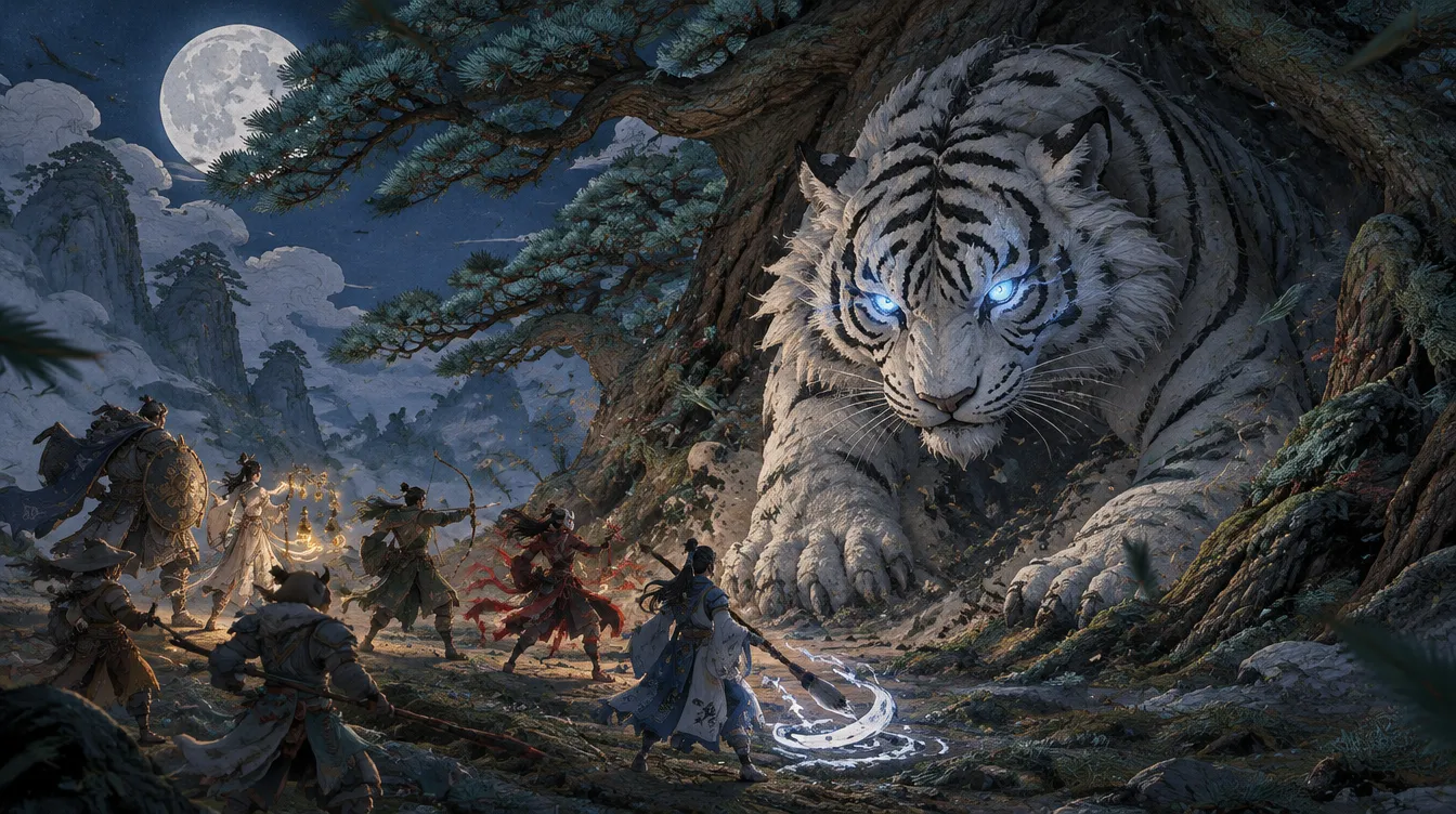 Harimau putih raksasa bermata biru menyala bangkit dari akar pinus tua di lapangan bulan; delapan pahlawan, di antaranya pembawa perisai, penyembuh berlonceng, pemanah, penari bertopeng, dan penyihir kuas, berhadapan dengannya.