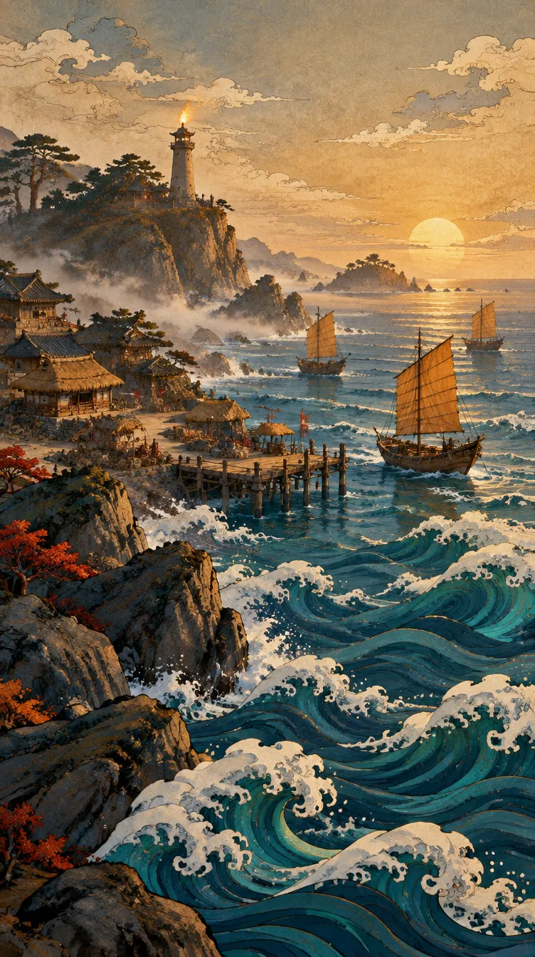 Wave Coast: desa nelayan di tebing, perahu layar oker, ombak bergulung, menara suar.