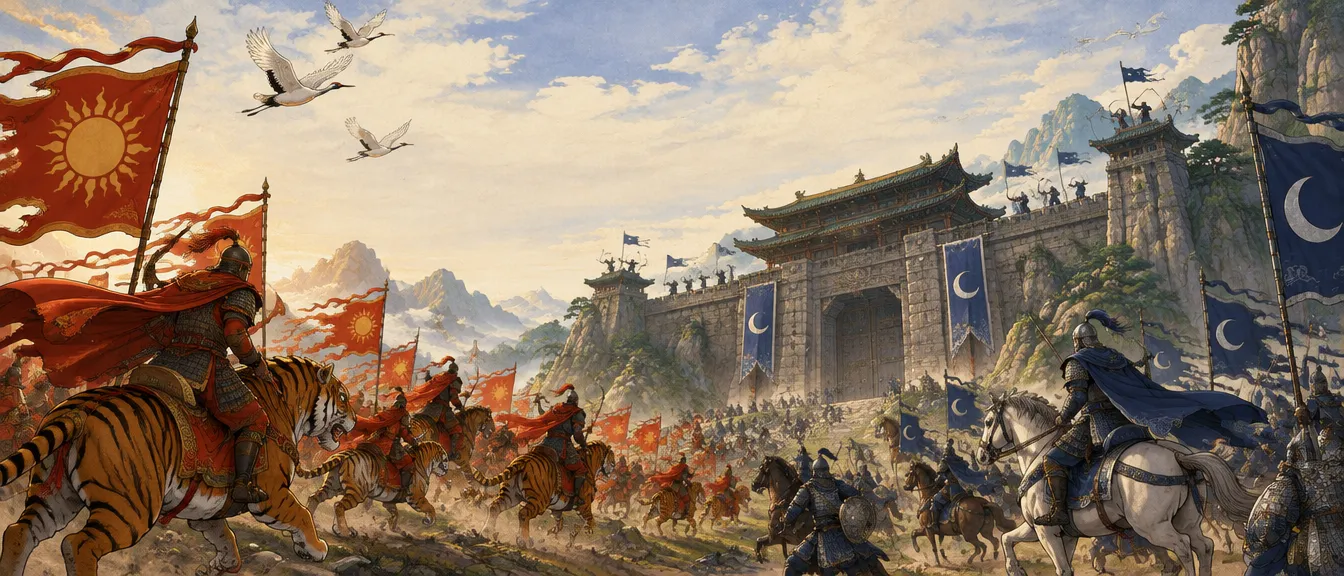 Siege di The Five Peaks: pasukan Sun Court berpanji matahari merah menunggang harimau menyerbu gerbang batu yang dijaga Moon Court berpanji bulan sabit biru, bangau terbang di langit sore.